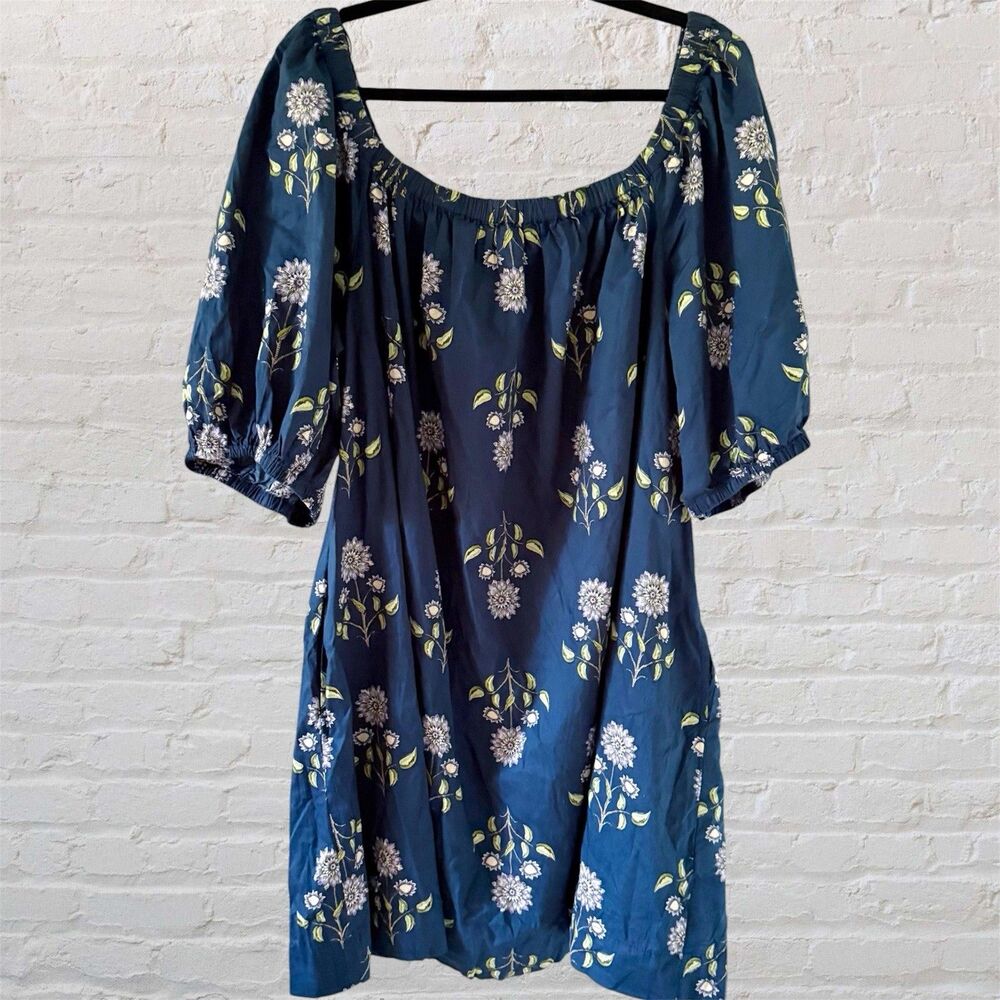 Women's NEW Old Navy Boheme Floral Mini Swing Dress Blue Cotton Pockets 2X